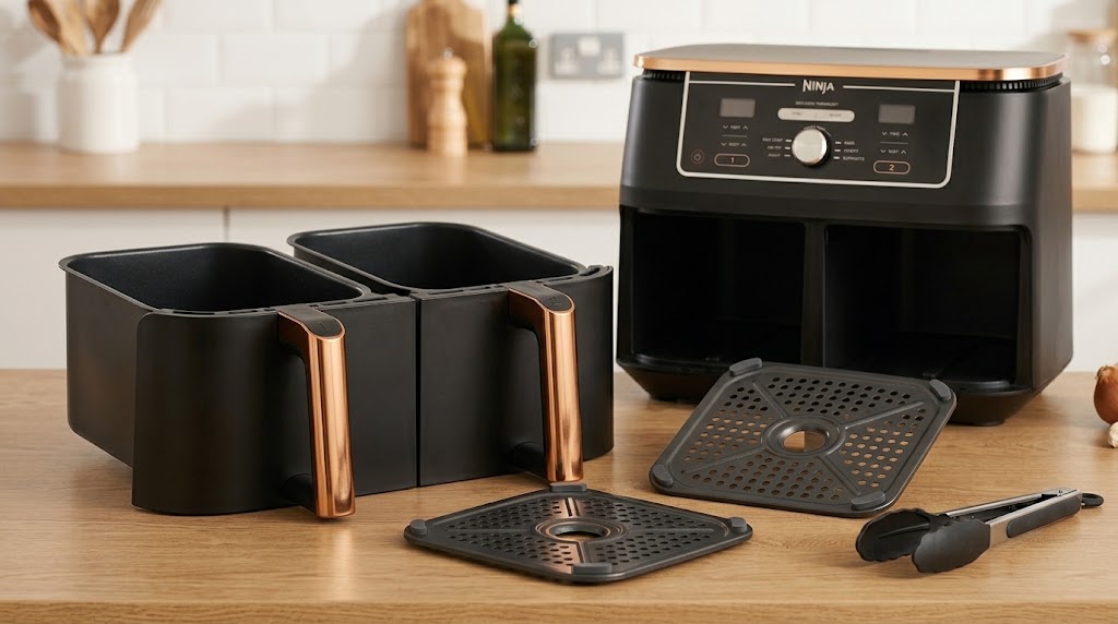 Detailaufnahme der Ninja Foodi MAX AF400EUCP Garkörbe, Crisper-Platten und Silikonzange
